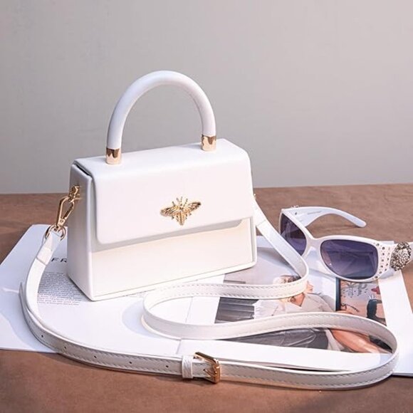 Neiman Marcus Milan Chiva Golden Bee White Leather Top Handle Bag - Picture 2 of 6